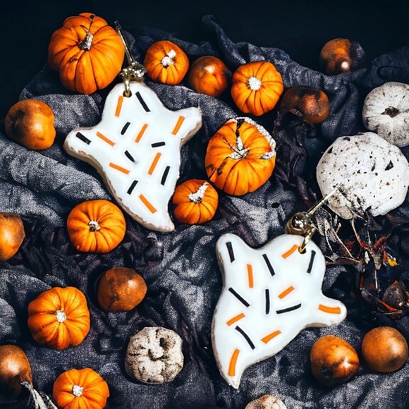 Halloween Oatmeal Cookie Ghosts Polymer Clay Dangle Earrings - Picture 1 of 2